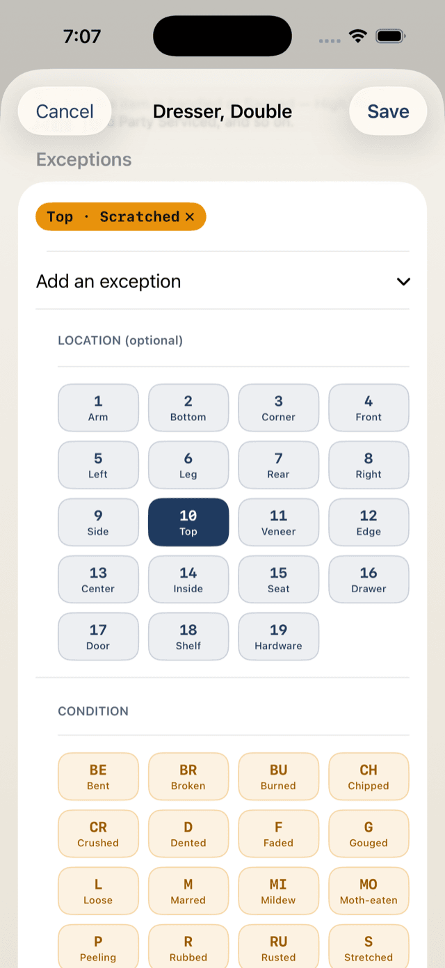 Interstate Inventory app — Van-line damage codes