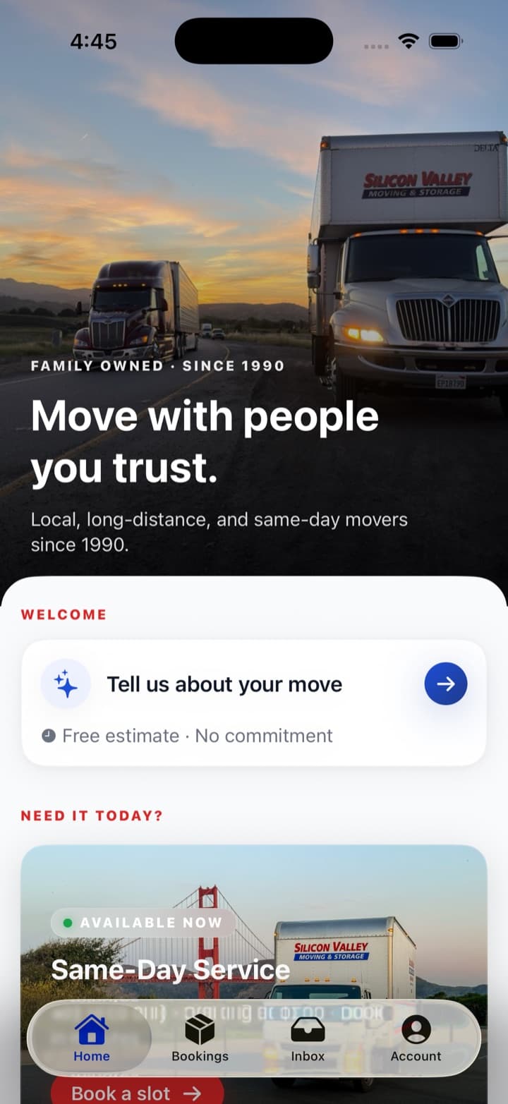 Silicon Valley Moving customer app home screen — “Move with people you trust” with a free-estimate prompt and same-day service.