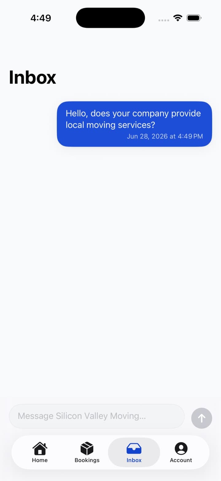 Silicon Valley Moving customer app inbox — a direct message thread with the moving team.