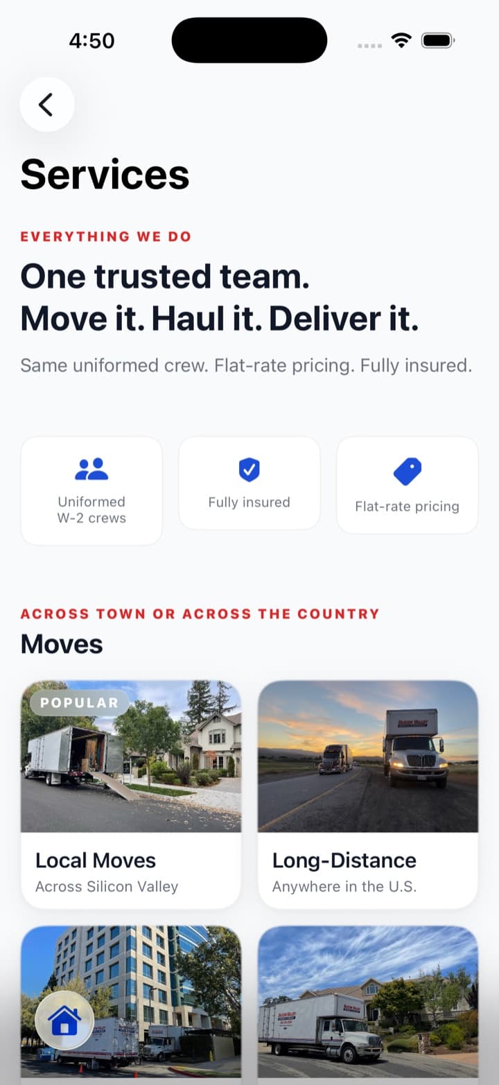 Silicon Valley Moving customer app services screen — local moves, long-distance, and commercial options.