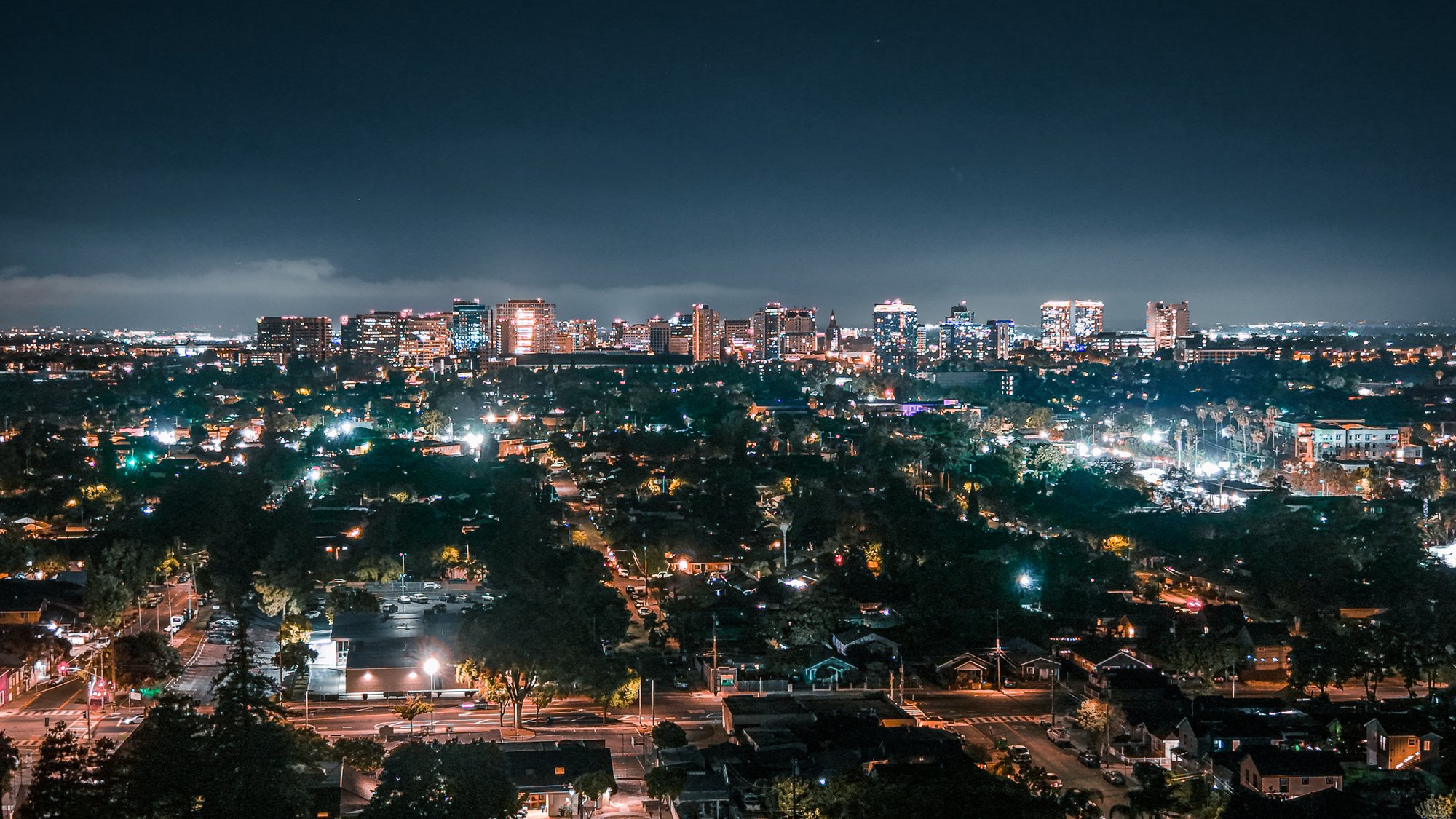 Downtown San Jose at night, photographed from the air by Joey Childs